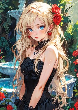 Anime Girl with Red Roses