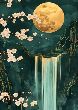 Waterfall Moon Cehrry Blossom Japanese Landscape