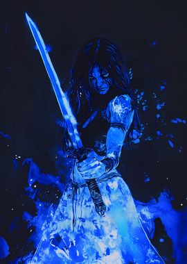 Blue Flame Anime Demon Warrior Girl