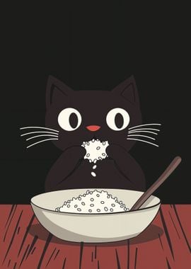 Black Cat Eating Rice