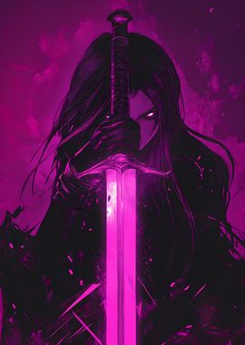 Warrior Anime Demon Woman with Pink Sword