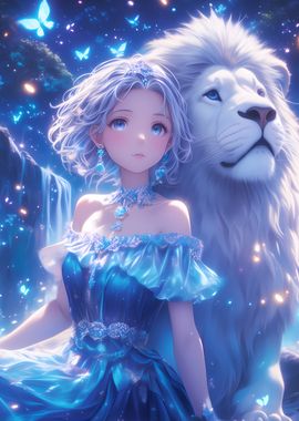 Anime Girl with White Lion