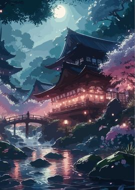 Japanese Temple Night Scene