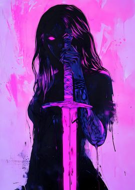 Pink Warrior Anime Demon Woman with Sword