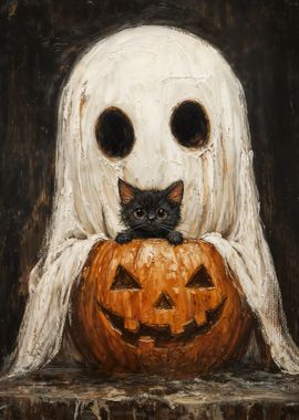 Spooky Cute Ghost and Black Cat with Pumpkin