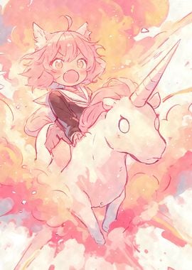 Kawaii Cat Girl on Unicorn