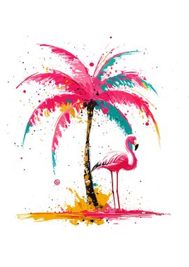 Pink Flamingo watercolor Palm Tree