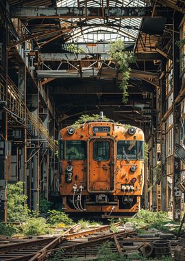 Abandoned Train in Rusty Hangar