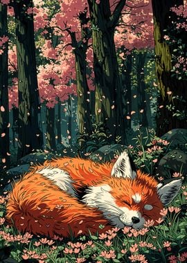 Sleeping Fox in Cherry Blossom Forest