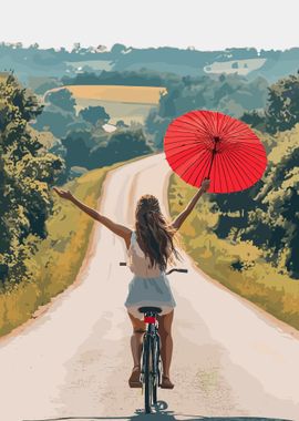 Woman Riding Bike with Red Umbrella