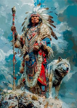 Native American Chief and Wolf