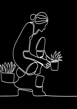 Line Art Woman Gardening