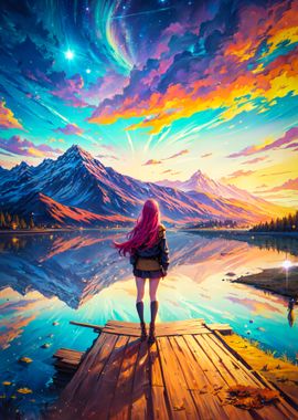 Anime Girl Gazing at Sunset Mountains