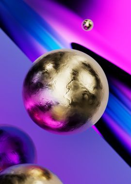 Floating Gold Spheres in Futuristic Space – Abstract Art with Purple and Blue Cosmic Background