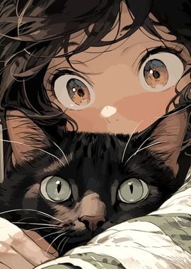 Anime Girl and Black Cat