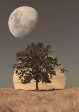 Surreal Moonlit Tree and Birds