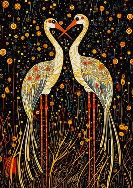 Two Cranes in a Night Garden