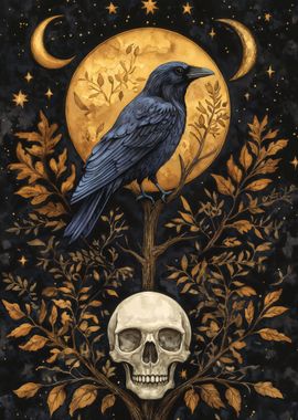 Mystical Raven and Skull under Golden Moon