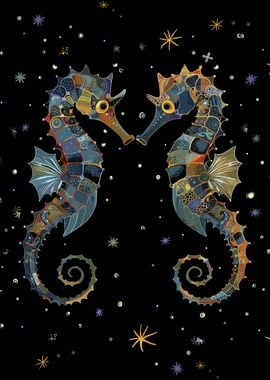 Seahorse Couple in Starry Night