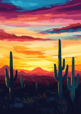 Desert Sunset with Cacti