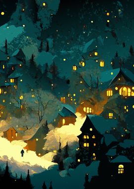 Snowy Village at Night