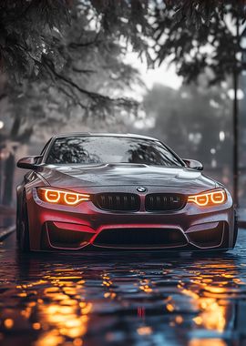 BMW M4 Gray Neon glow in the Rain