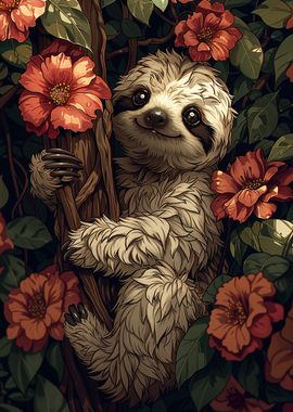 Smiling Sloth in Flowers