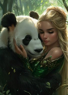 Panda and Woman in Forest