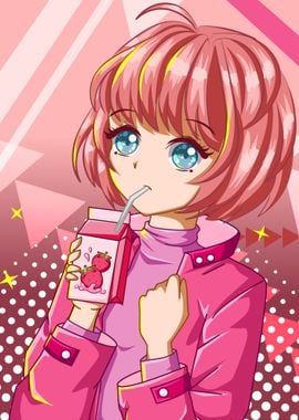 Anime Girl Drinking Strawberry Milk