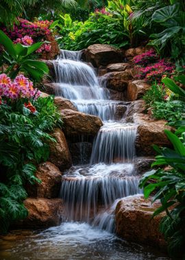 Tranquil Waterfall in Lush Garden