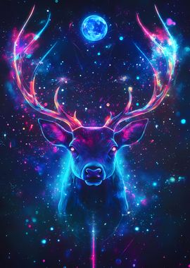 Neon Deer in Space Cosmic Nature