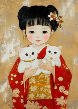 Girl in Kimono with Cats