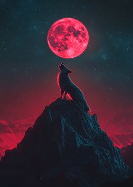 Wolf Howling at Blood Moon