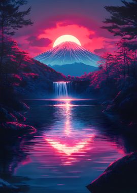 Sunset Mountain Waterfall Mount Fuji Japanese