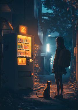 Nighttime Vending Machine Cat & Girl