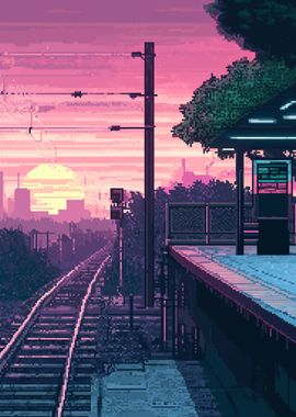 Pixelated Train Station Sunset