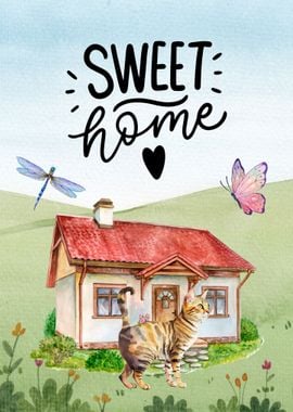 Sweet Home Watercolor Cat