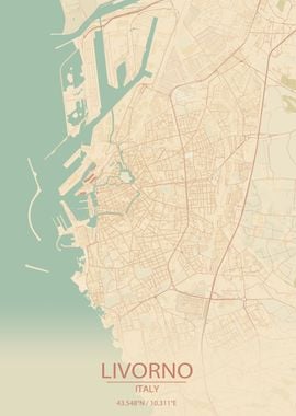 Livorno Italy Vintage Style City Map