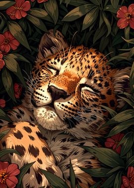 Sleeping Leopard in Flowers