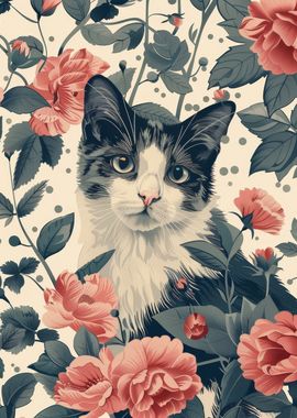 Cat in Floral Garden