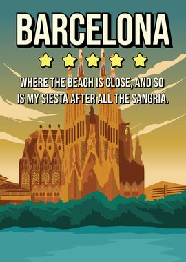 Funny Barcelona Review Minimal Retro Travel Poster