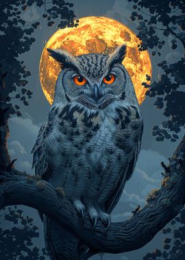 Owl Under Full Moon