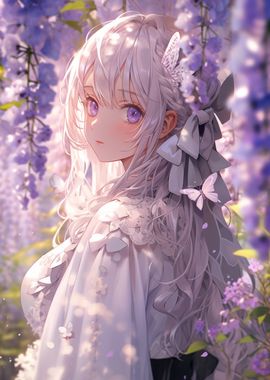 Anime Girl with Purple Flowers