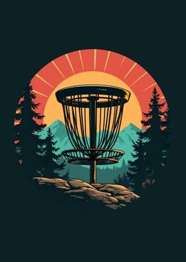 vintage retro sunset pine trees disc golf frolf sport player cute graphic cool design