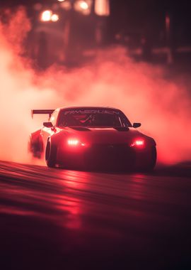 red racing car drifting out of a cloud of smoke