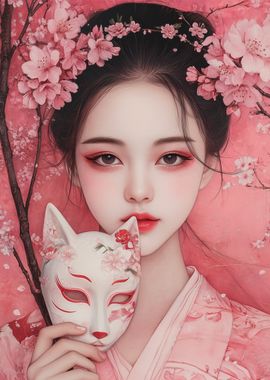 Japanese Girl With Kitsune Mask & Cherry Blossoms