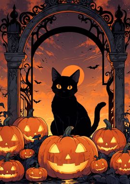 Halloween Black Cat & Pumpkins