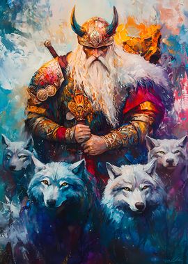 Viking Nordic Warrior God Odin with Wolves