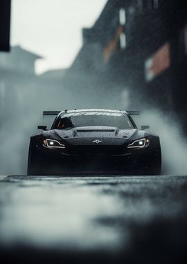 black racing car speeding out of a cloud of smoke