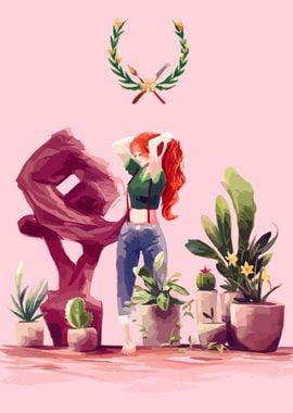 Redhead Girl with Plants